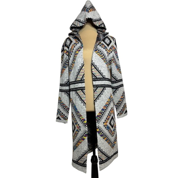 On Blue Hooded Duster Cardigan Sweater Aztec Bohemian Festival Colorful Print - Picture 3 of 7